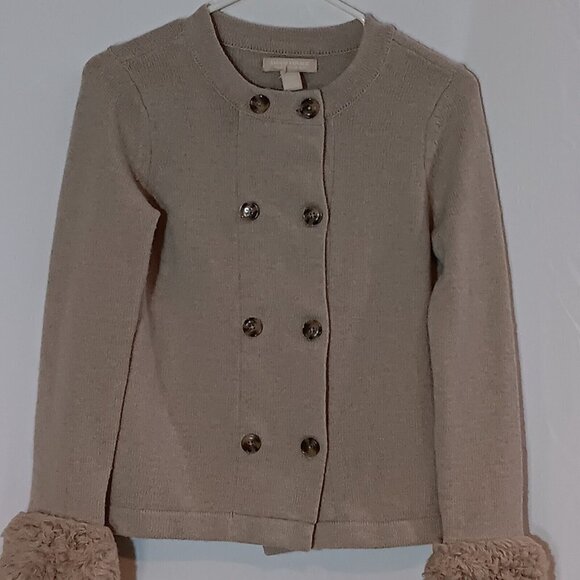 Banana Republic Cardigan Sweater Women's XS Faux Fur Cuffs Beige Wool Cashmere - Picture 2 of 8